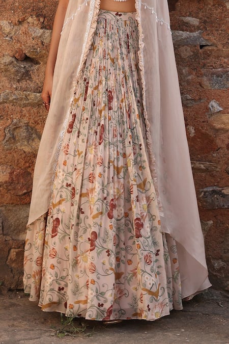 Shop Seema Thukral Pink Georgette Kaira Organza Embroidered Cape And Floral Print Lehenga Set Online at Aza Fashions Shop_Seema Thukral_Pink Georgette Kaira Organza Embroidered Cape And Floral Print Lehenga Set _Online_at_Aza_Fashions