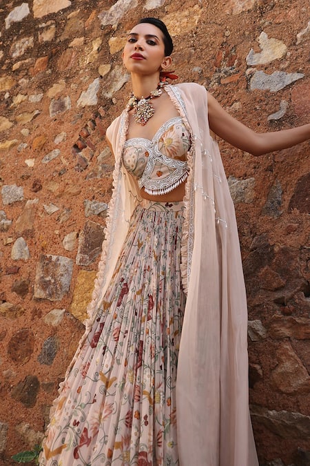 Seema Thukral Pink Georgette Kaira Organza Embroidered Cape And Floral Print Lehenga Set at Aza Fashions Seema Thukral_Pink Georgette Kaira Organza Embroidered Cape And Floral Print Lehenga Set _at_Aza_Fashions