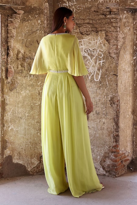 Shop Seema Thukral Green Georgette, Satin Sequins, Pearls, Crystals Renell Embroidered Jumpsuit at Aza Fashions Shop_Seema Thukral_Green Georgette, Satin Sequins, Pearls, Crystals Renell Embroidered Jumpsuit _at_Aza_Fashions