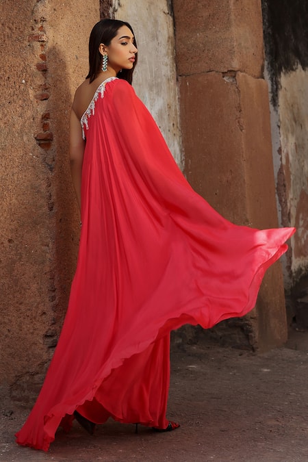 Seema Thukral Coral Chiffon, Satin Sequins, Pearls, Devanshi One Shoulder Embroidered Kaftan Online at Aza Fashions Seema Thukral_Coral Chiffon, Satin Sequins, Pearls, Devanshi One Shoulder Embroidered Kaftan _Online_at_Aza_Fashions