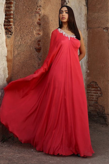 Buy Seema Thukral Coral Chiffon, Satin Sequins, Pearls, Devanshi One Shoulder Embroidered Kaftan Online at Aza Fashions Buy_Seema Thukral_Coral Chiffon, Satin Sequins, Pearls, Devanshi One Shoulder Embroidered Kaftan _Online_at_Aza_Fashions