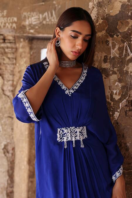 Seema Thukral Blue Chiffon, Satin Pearls, Crystals V-neck Maya Floral Embroidered Kaftan Online at Aza Fashions Seema Thukral_Blue Chiffon, Satin Pearls, Crystals V-neck Maya Floral Embroidered Kaftan _Online_at_Aza_Fashions