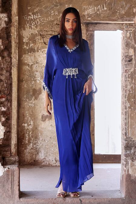 Buy Seema Thukral Blue Chiffon, Satin Pearls, Crystals V-neck Maya Floral Embroidered Kaftan Online at Aza Fashions Buy_Seema Thukral_Blue Chiffon, Satin Pearls, Crystals V-neck Maya Floral Embroidered Kaftan _Online_at_Aza_Fashions