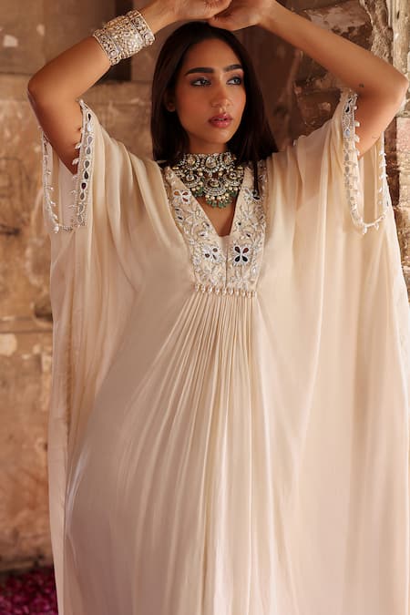 Buy Seema Thukral Ivory Chiffon, Satin Pearls, Beads Vidhi Neckline Embroidered Draped Kaftan Online at Aza Fashions Buy_Seema Thukral_Ivory Chiffon, Satin Pearls, Beads Vidhi Neckline Embroidered Draped Kaftan _Online_at_Aza_Fashions