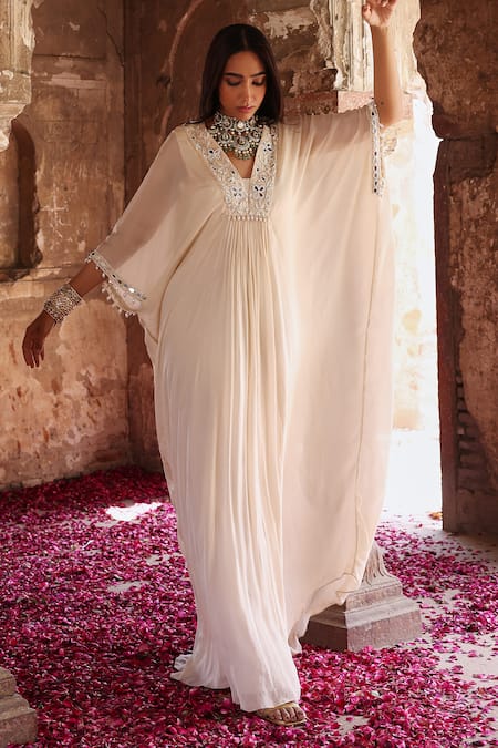 Shop Seema Thukral Ivory Chiffon, Satin Pearls, Beads Vidhi Neckline Embroidered Draped Kaftan Online at Aza Fashions Shop_Seema Thukral_Ivory Chiffon, Satin Pearls, Beads Vidhi Neckline Embroidered Draped Kaftan _Online_at_Aza_Fashions