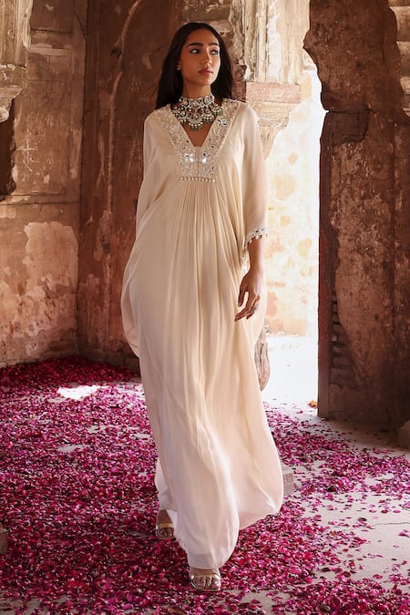 Seema Thukral Ivory Chiffon, Satin Pearls, Beads Vidhi Neckline Embroidered Draped Kaftan at Aza Fashions Seema Thukral_Ivory Chiffon, Satin Pearls, Beads Vidhi Neckline Embroidered Draped Kaftan _at_Aza_Fashions