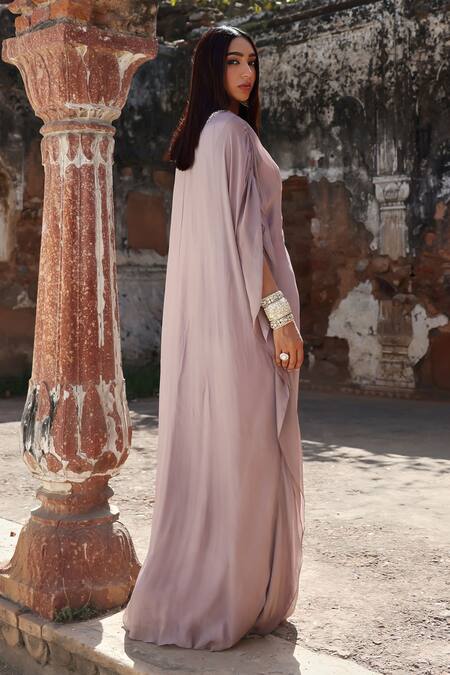 Seema Thukral Purple Chiffon, Satin Crystals, Pearls, Mirra Embroidered Draped Kaftan Online at Aza Fashions Seema Thukral_Purple Chiffon, Satin Crystals, Pearls, Mirra Embroidered Draped Kaftan _Online_at_Aza_Fashions