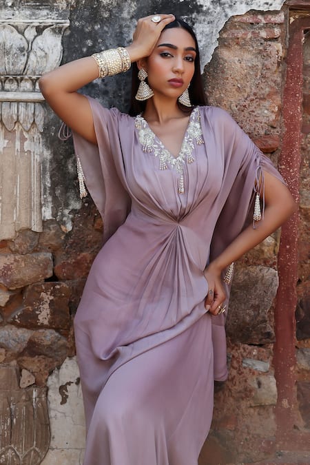 Buy Seema Thukral Purple Chiffon, Satin Crystals, Pearls, Mirra Embroidered Draped Kaftan Online at Aza Fashions Buy_Seema Thukral_Purple Chiffon, Satin Crystals, Pearls, Mirra Embroidered Draped Kaftan _Online_at_Aza_Fashions