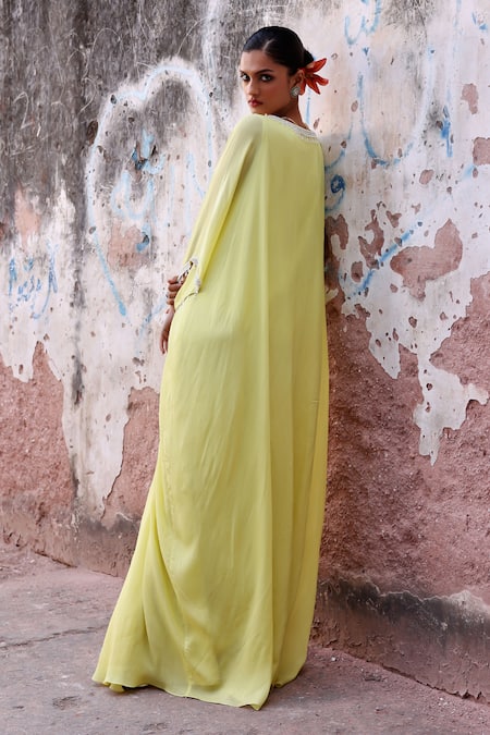 Shop Seema Thukral Green Chiffon, Satin Sequins, Pearls Manat Neckline Embroidered Draped Kaftan at Aza Fashions Shop_Seema Thukral_Green Chiffon, Satin Sequins, Pearls Manat Neckline Embroidered Draped Kaftan _at_Aza_Fashions