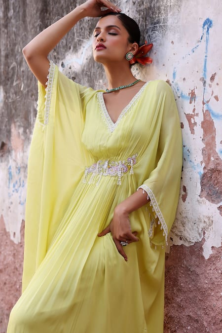 Seema Thukral Green Chiffon, Satin Sequins, Pearls Manat Neckline Embroidered Draped Kaftan Online at Aza Fashions Seema Thukral_Green Chiffon, Satin Sequins, Pearls Manat Neckline Embroidered Draped Kaftan _Online_at_Aza_Fashions