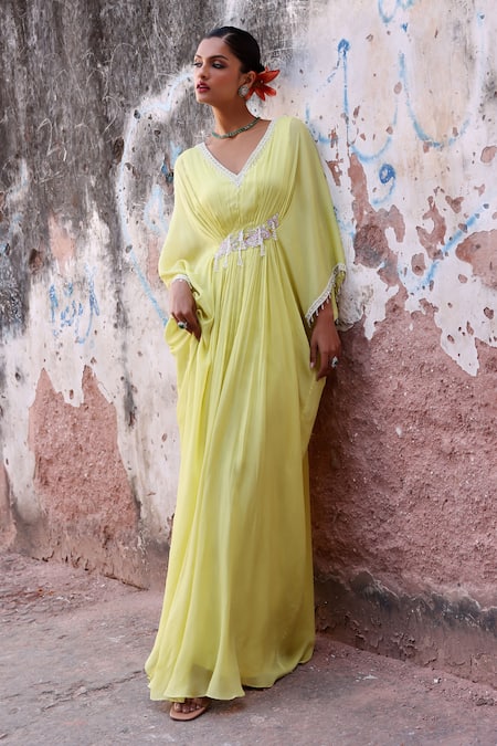 Buy Seema Thukral Green Chiffon, Satin Sequins, Pearls Manat Neckline Embroidered Draped Kaftan Online at Aza Fashions Buy_Seema Thukral_Green Chiffon, Satin Sequins, Pearls Manat Neckline Embroidered Draped Kaftan _Online_at_Aza_Fashions