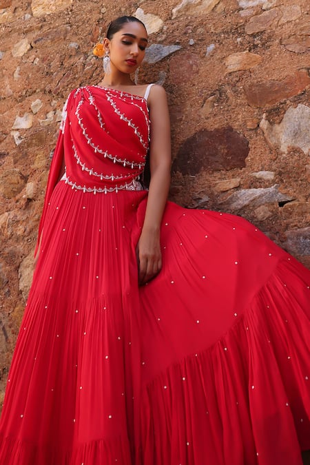 Seema Thukral Coral Chiffon, Satin Pearls, Sequins, Zari Disha Embroidered Choli And Skirt Set Online at Aza Fashions Seema Thukral_Coral Chiffon, Satin Pearls, Sequins, Zari Disha Embroidered Choli And Skirt Set _Online_at_Aza_Fashions
