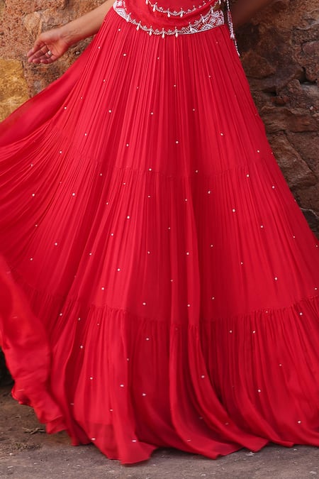 Shop Seema Thukral Coral Chiffon, Satin Pearls, Sequins, Zari Disha Embroidered Choli And Skirt Set Online at Aza Fashions Shop_Seema Thukral_Coral Chiffon, Satin Pearls, Sequins, Zari Disha Embroidered Choli And Skirt Set _Online_at_Aza_Fashions