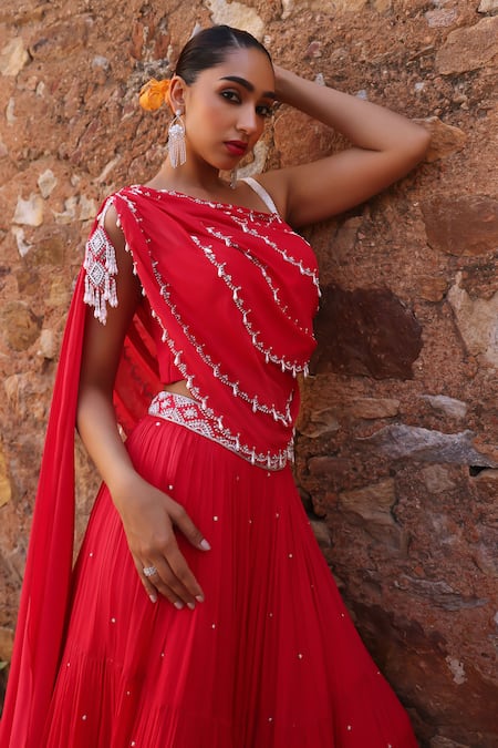 Seema Thukral Coral Chiffon, Satin Pearls, Sequins, Zari Disha Embroidered Choli And Skirt Set at Aza Fashions Seema Thukral_Coral Chiffon, Satin Pearls, Sequins, Zari Disha Embroidered Choli And Skirt Set _at_Aza_Fashions