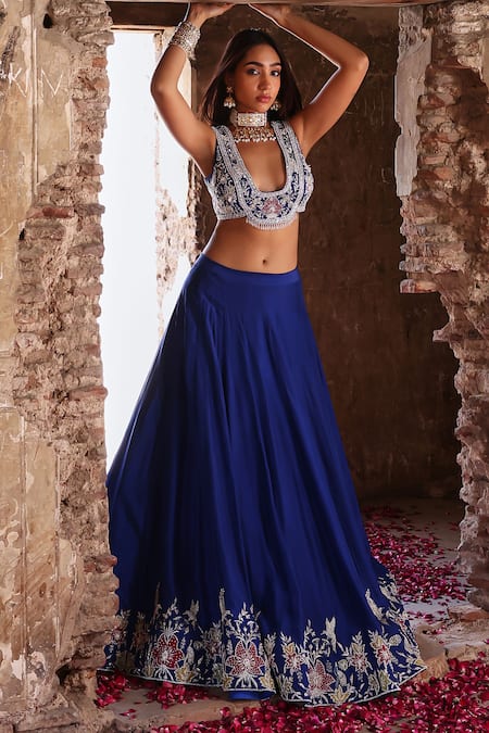 Seema Thukral_Blue Silk, Net Sequins, Pearls, Meera Floral Border Embroidered Lehenga Set _Online_at_Aza_Fashions