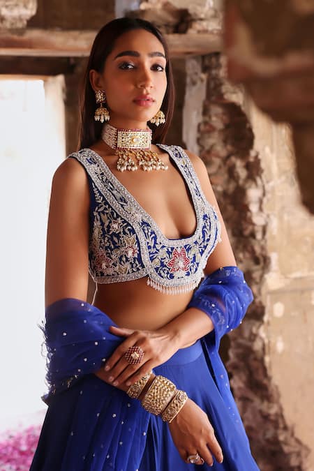 Buy_Seema Thukral_Blue Silk, Net Sequins, Pearls, Meera Floral Border Embroidered Lehenga Set _Online_at_Aza_Fashions