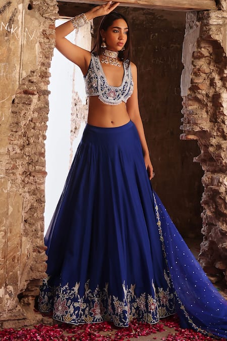 Shop_Seema Thukral_Blue Silk, Net Sequins, Pearls, Meera Floral Border Embroidered Lehenga Set _Online_at_Aza_Fashions