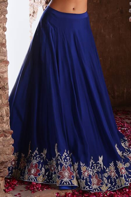 Seema Thukral_Blue Silk, Net Sequins, Pearls, Meera Floral Border Embroidered Lehenga Set _at_Aza_Fashions