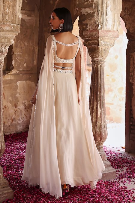 Shop Seema Thukral Ivory Georgette, Satin, Organza Areen Waistband Embroidered Skirt And Choli Set at Aza Fashions Shop_Seema Thukral_Ivory Georgette, Satin, Organza Areen Waistband Embroidered Skirt And Choli Set _at_Aza_Fashions