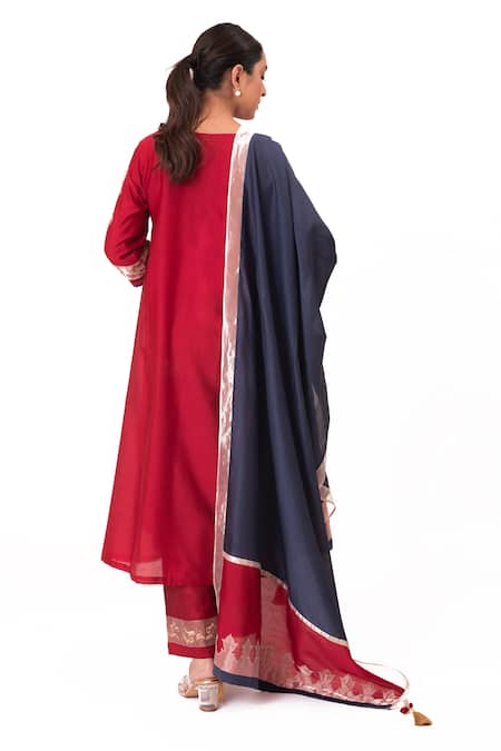 Shop Bhavik Shah Red Chanderi Silk, Cotton, Silk, Chanderi, Tissue Embroidery, Kurta Pant Set at Aza Fashions Shop_Bhavik Shah_Red Chanderi Silk, Cotton, Silk, Chanderi, Tissue Embroidery, Kurta Pant Set _at_Aza_Fashions