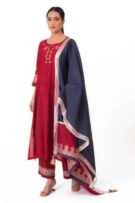 Bhavik Shah Red Chanderi Silk, Cotton, Silk, Chanderi, Tissue Embroidery, Kurta Pant Set Online at Aza Fashions Bhavik Shah_Red Chanderi Silk, Cotton, Silk, Chanderi, Tissue Embroidery, Kurta Pant Set _Online_at_Aza_Fashions