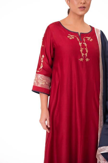 Shop Bhavik Shah Red Chanderi Silk, Cotton, Silk, Chanderi, Tissue Embroidery, Kurta Pant Set Online at Aza Fashions Shop_Bhavik Shah_Red Chanderi Silk, Cotton, Silk, Chanderi, Tissue Embroidery, Kurta Pant Set _Online_at_Aza_Fashions