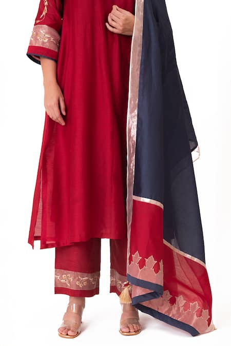 Bhavik Shah Red Chanderi Silk, Cotton, Silk, Chanderi, Tissue Embroidery, Kurta Pant Set at Aza Fashions Bhavik Shah_Red Chanderi Silk, Cotton, Silk, Chanderi, Tissue Embroidery, Kurta Pant Set _at_Aza_Fashions