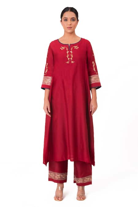 Buy Bhavik Shah Red Chanderi Silk, Cotton, Silk, Chanderi, Tissue Embroidery, Kurta Pant Set Buy_Bhavik Shah_Red Chanderi Silk, Cotton, Silk, Chanderi, Tissue Embroidery, Kurta Pant Set