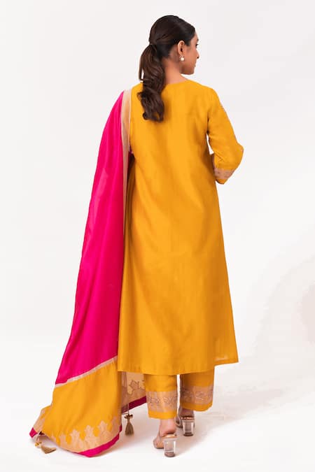 Shop Bhavik Shah Gold Chanderi Silk, Cotton, Silk, Chanderi, Tissue Placement Kurta Pant Set at Aza Fashions Shop_Bhavik Shah_Gold Chanderi Silk, Cotton, Silk, Chanderi, Tissue Placement Kurta Pant Set _at_Aza_Fashions