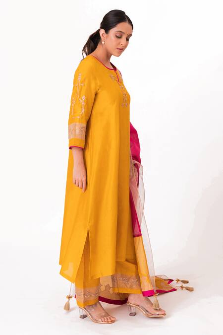 Bhavik Shah Gold Chanderi Silk, Cotton, Silk, Chanderi, Tissue Placement Kurta Pant Set Online at Aza Fashions Bhavik Shah_Gold Chanderi Silk, Cotton, Silk, Chanderi, Tissue Placement Kurta Pant Set _Online_at_Aza_Fashions