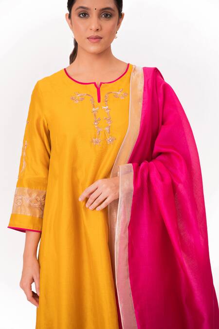Buy Bhavik Shah Gold Chanderi Silk, Cotton, Silk, Chanderi, Tissue Placement Kurta Pant Set Online at Aza Fashions Buy_Bhavik Shah_Gold Chanderi Silk, Cotton, Silk, Chanderi, Tissue Placement Kurta Pant Set _Online_at_Aza_Fashions