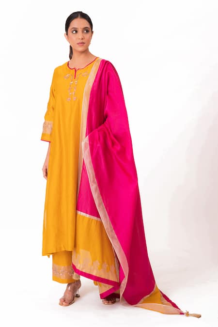 Shop Bhavik Shah Gold Chanderi Silk, Cotton, Silk, Chanderi, Tissue Placement Kurta Pant Set Online at Aza Fashions Shop_Bhavik Shah_Gold Chanderi Silk, Cotton, Silk, Chanderi, Tissue Placement Kurta Pant Set _Online_at_Aza_Fashions