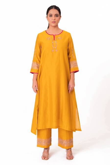 Bhavik Shah Gold Chanderi Silk, Cotton, Silk, Chanderi, Tissue Placement Kurta Pant Set at Aza Fashions Bhavik Shah_Gold Chanderi Silk, Cotton, Silk, Chanderi, Tissue Placement Kurta Pant Set _at_Aza_Fashions