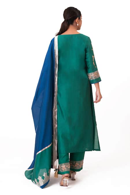 Shop Bhavik Shah Green Chanderi Silk, Cotton, Tissue, Floral Placement Embroidered Kurta Pant Set at Aza Fashions Shop_Bhavik Shah_Green Chanderi Silk, Cotton, Tissue, Floral Placement Embroidered Kurta Pant Set _at_Aza_Fashions