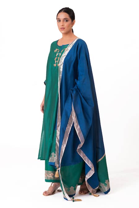 Bhavik Shah Green Chanderi Silk, Cotton, Tissue, Floral Placement Embroidered Kurta Pant Set Online at Aza Fashions Bhavik Shah_Green Chanderi Silk, Cotton, Tissue, Floral Placement Embroidered Kurta Pant Set _Online_at_Aza_Fashions