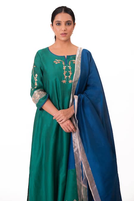 Buy Bhavik Shah Green Chanderi Silk, Cotton, Tissue, Floral Placement Embroidered Kurta Pant Set Online at Aza Fashions Buy_Bhavik Shah_Green Chanderi Silk, Cotton, Tissue, Floral Placement Embroidered Kurta Pant Set _Online_at_Aza_Fashions