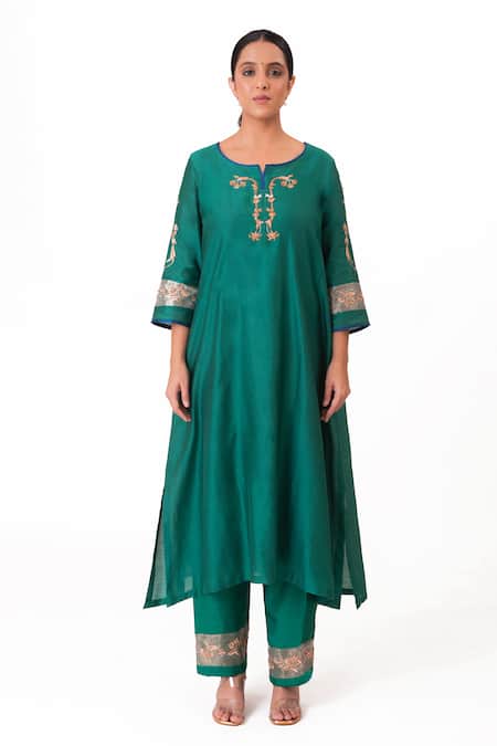 Shop Bhavik Shah Green Chanderi Silk, Cotton, Tissue, Floral Placement Embroidered Kurta Pant Set Online at Aza Fashions Shop_Bhavik Shah_Green Chanderi Silk, Cotton, Tissue, Floral Placement Embroidered Kurta Pant Set _Online_at_Aza_Fashions