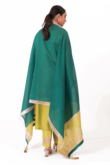 Shop Bhavik Shah Green Chanderi Silk, Cotton, Tissue, Silk, Neckline A-line Kurta Pant Set at Aza Fashions Shop_Bhavik Shah_Green Chanderi Silk, Cotton, Tissue, Silk, Neckline A-line Kurta Pant Set _at_Aza_Fashions