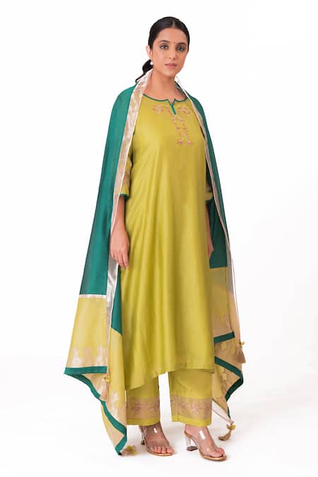Bhavik Shah Green Chanderi Silk, Cotton, Tissue, Silk, Neckline A-line Kurta Pant Set Online at Aza Fashions Bhavik Shah_Green Chanderi Silk, Cotton, Tissue, Silk, Neckline A-line Kurta Pant Set _Online_at_Aza_Fashions