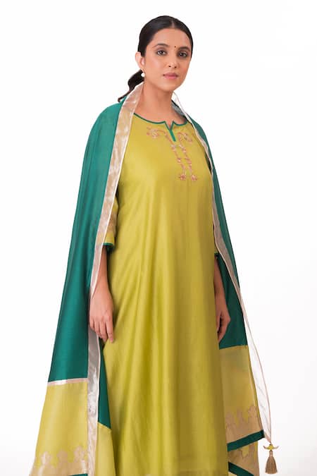 Buy Bhavik Shah Green Chanderi Silk, Cotton, Tissue, Silk, Neckline A-line Kurta Pant Set Online at Aza Fashions Buy_Bhavik Shah_Green Chanderi Silk, Cotton, Tissue, Silk, Neckline A-line Kurta Pant Set _Online_at_Aza_Fashions