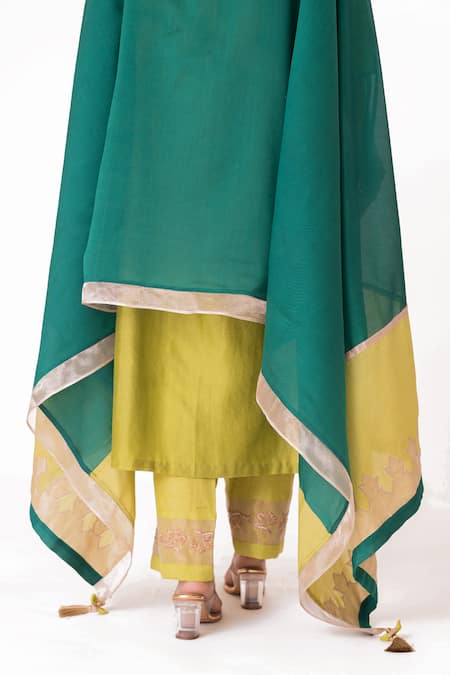 Shop Bhavik Shah Green Chanderi Silk, Cotton, Tissue, Silk, Neckline A-line Kurta Pant Set Online at Aza Fashions Shop_Bhavik Shah_Green Chanderi Silk, Cotton, Tissue, Silk, Neckline A-line Kurta Pant Set _Online_at_Aza_Fashions