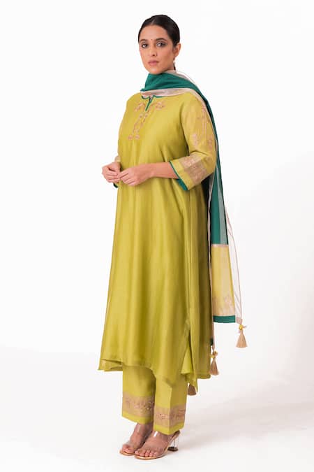 Bhavik Shah Green Chanderi Silk, Cotton, Tissue, Silk, Neckline A-line Kurta Pant Set at Aza Fashions Bhavik Shah_Green Chanderi Silk, Cotton, Tissue, Silk, Neckline A-line Kurta Pant Set _at_Aza_Fashions