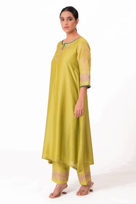 Buy Bhavik Shah Green Chanderi Silk, Cotton, Tissue, Silk, Neckline A-line Kurta Pant Set Buy_Bhavik Shah_Green Chanderi Silk, Cotton, Tissue, Silk, Neckline A-line Kurta Pant Set