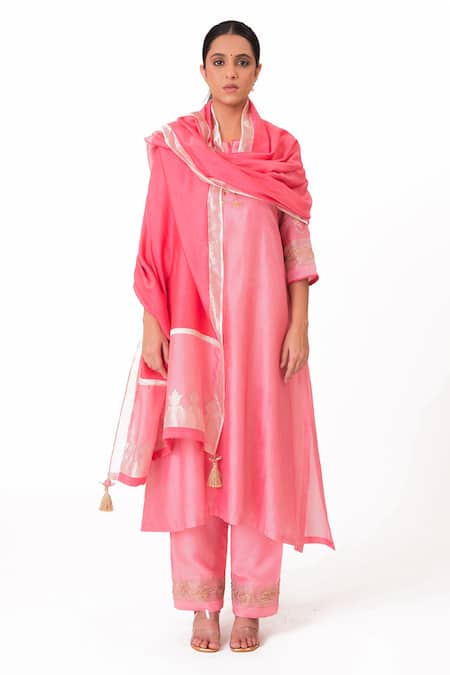 Shop Bhavik Shah Pink Chanderi Silk, Cotton, Tissue, Silk, Floral Placement Work Kurta Pant Set at Aza Fashions Shop_Bhavik Shah_Pink Chanderi Silk, Cotton, Tissue, Silk, Floral Placement Work Kurta Pant Set _at_Aza_Fashions