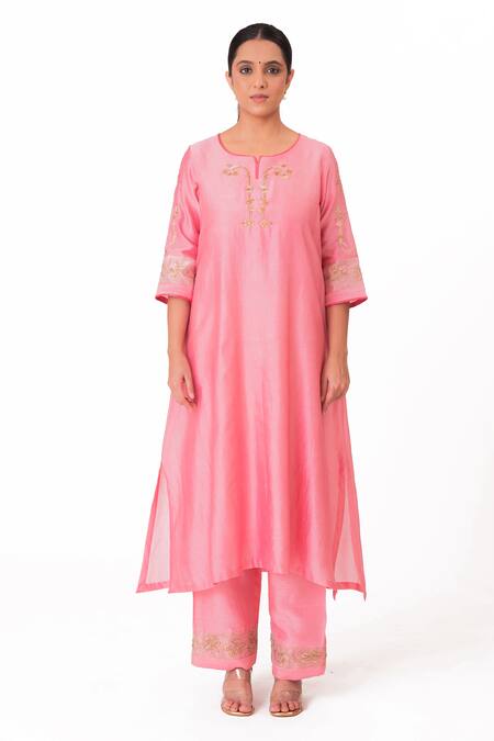 Bhavik Shah Pink Chanderi Silk, Cotton, Tissue, Silk, Floral Placement Work Kurta Pant Set Online at Aza Fashions Bhavik Shah_Pink Chanderi Silk, Cotton, Tissue, Silk, Floral Placement Work Kurta Pant Set _Online_at_Aza_Fashions
