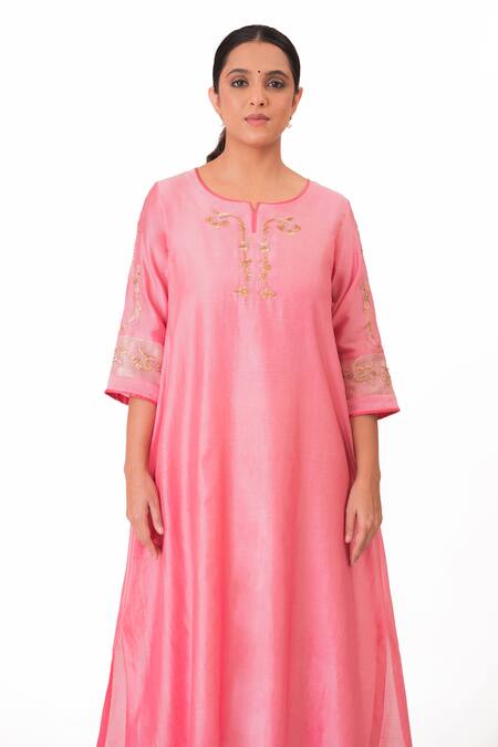 Buy Bhavik Shah Pink Chanderi Silk, Cotton, Tissue, Silk, Floral Placement Work Kurta Pant Set Online at Aza Fashions Buy_Bhavik Shah_Pink Chanderi Silk, Cotton, Tissue, Silk, Floral Placement Work Kurta Pant Set _Online_at_Aza_Fashions