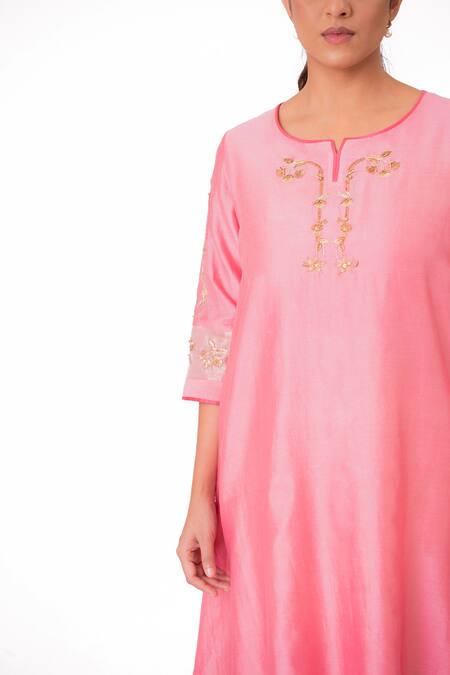 Shop Bhavik Shah Pink Chanderi Silk, Cotton, Tissue, Silk, Floral Placement Work Kurta Pant Set Online at Aza Fashions Shop_Bhavik Shah_Pink Chanderi Silk, Cotton, Tissue, Silk, Floral Placement Work Kurta Pant Set _Online_at_Aza_Fashions