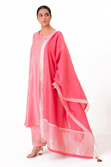 Buy Bhavik Shah Pink Chanderi Silk, Cotton, Tissue, Silk, Floral Placement Work Kurta Pant Set Buy_Bhavik Shah_Pink Chanderi Silk, Cotton, Tissue, Silk, Floral Placement Work Kurta Pant Set