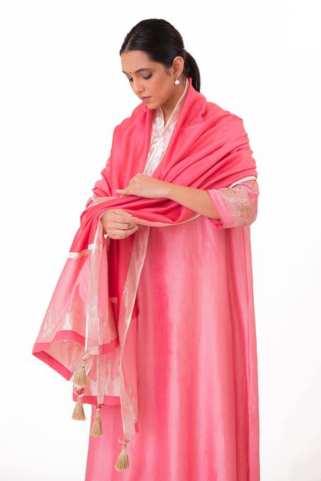 Shop Bhavik Shah Pink Chanderi Silk, Cotton, Tissue, Silk, Floral Placement Work Kurta Pant Set Shop_Bhavik Shah_Pink Chanderi Silk, Cotton, Tissue, Silk, Floral Placement Work Kurta Pant Set