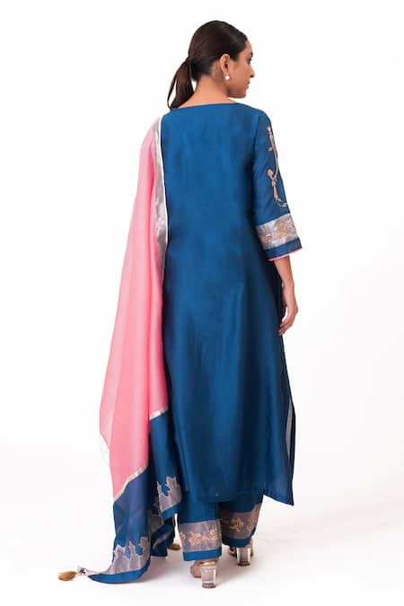 Shop Bhavik Shah Blue Silk, Cotton, Tissue, Silk, Kurta Pant Set With Dupatta at Aza Fashions Shop_Bhavik Shah_Blue Silk, Cotton, Tissue, Silk, Kurta Pant Set With Dupatta _at_Aza_Fashions